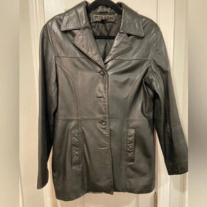 VTG JLC Women’s Black 100% Leather Button Down Hip Length Trench Coat Size M